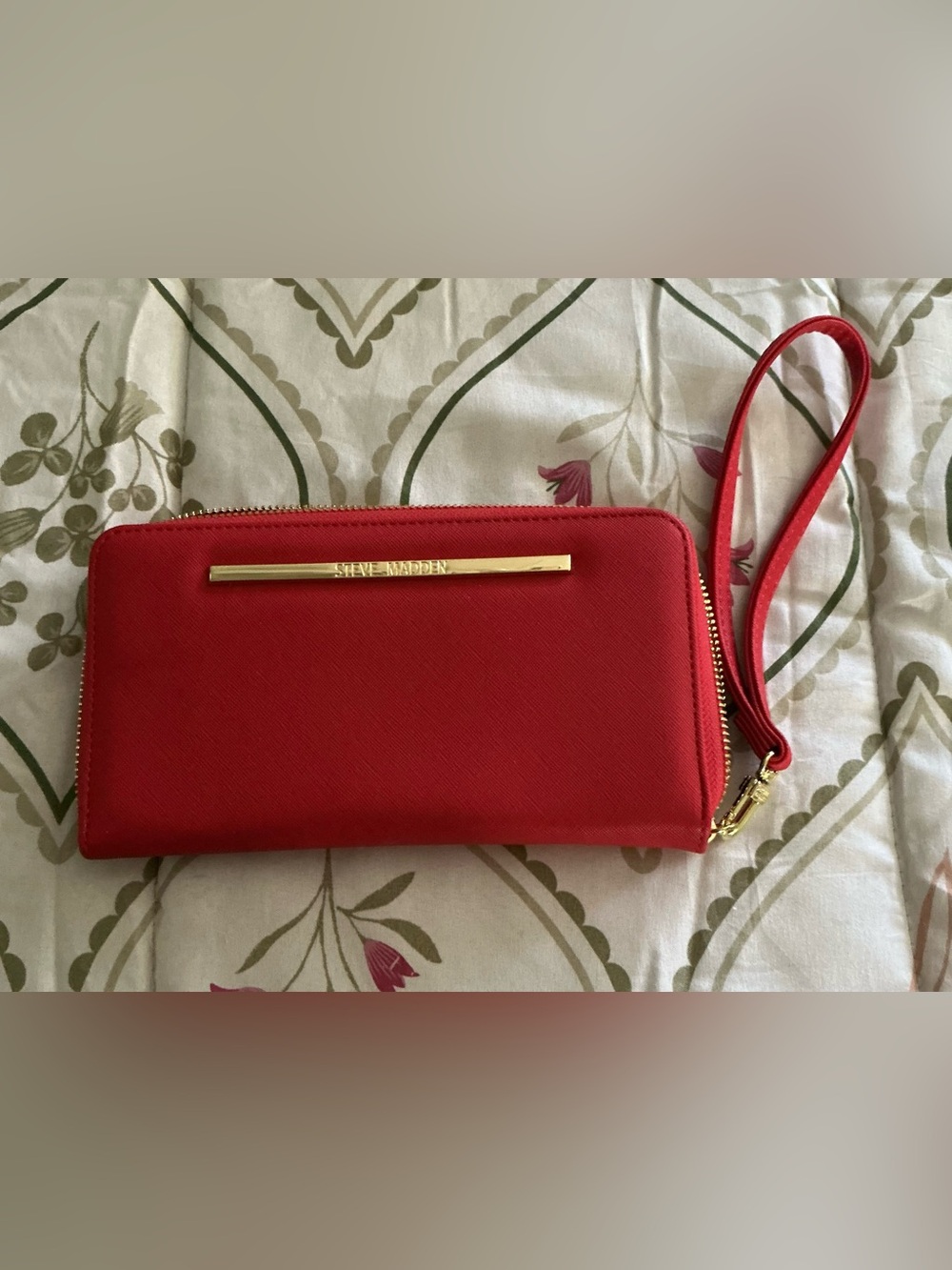 Steve Madden Red Zip-Around Wristlet with Gold Bar